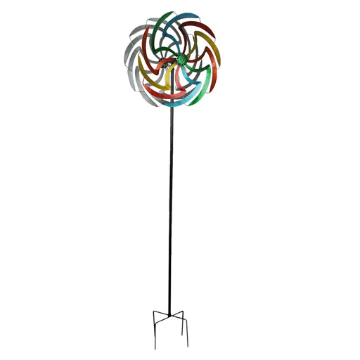 Colorful Anodized Finish Dual Flower Metal Wind Spinner Garden Stake 70 Inches High Image 1