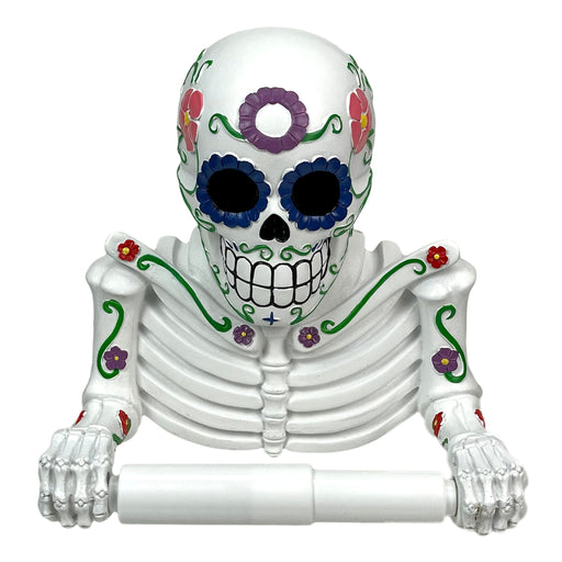 Día de los Muertos Vibrant Sugar Skull Skeleton Toilet Paper Holder - Whimsical Bathroom Tissue Dispenser and Novelty Home