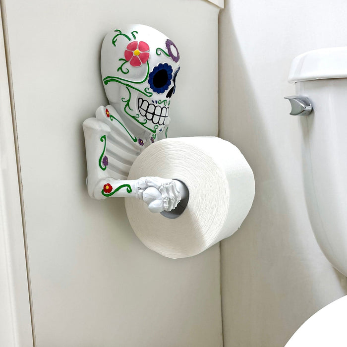 Día de los Muertos Vibrant Sugar Skull Skeleton Toilet Paper Holder - Whimsical Bathroom Tissue Dispenser and Novelty Home