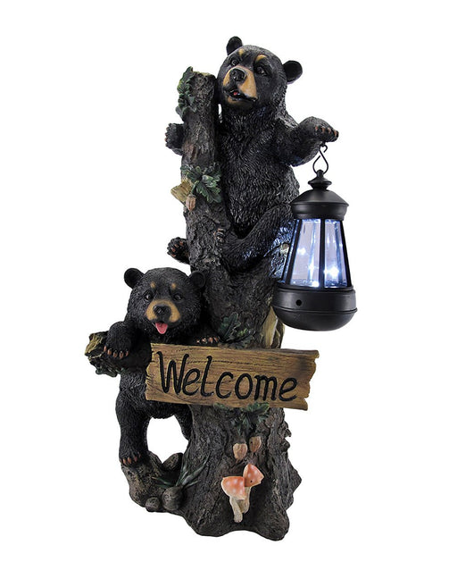 DWK Twin Bears Climbing a Tree Outdoor Home Porch Sign and Solar LED Light Lamp | Front Porch and Yard Decor | Bear Statues