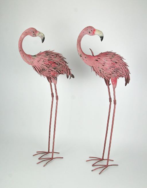 Elegant 34-Inch Tall Handcrafted Metal Pink Flamingo Yard Statues - Graceful Outdoor Decorative Pair with Elongated Necks and