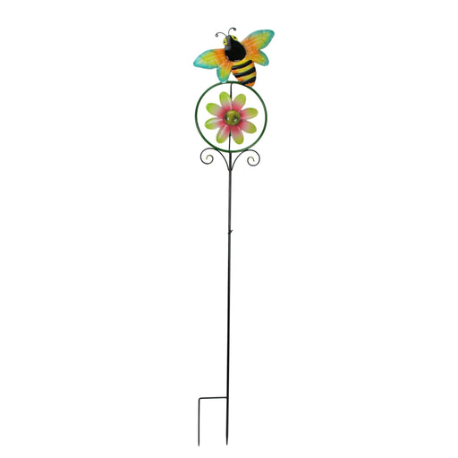 Enchanting 55-Inch High Flower and Bumble Bee Kinetic Wind Spinner Garden Stake: Whimsical Yard Decor Pinwheel Bringing