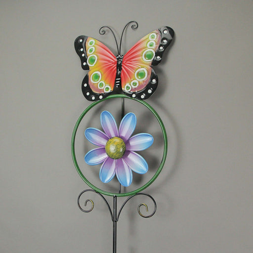 Enchanting Butterfly and Flower Wind Spinner: Metal Garden Stake Yard Decor Pinwheel, 55 Inches High, Kinetic Sculpture