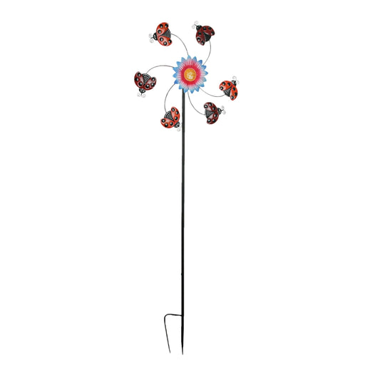 Enchanting Ladybug and Flower Kinetic Wind Sculpture: Large Metal Spinner for Outdoor Yard or Garden Decor - 70.5 Inches