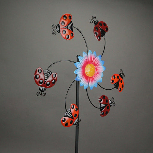 Enchanting Ladybug and Flower Kinetic Wind Sculpture: Large Metal Spinner for Outdoor Yard or Garden Decor - 70.5 Inches