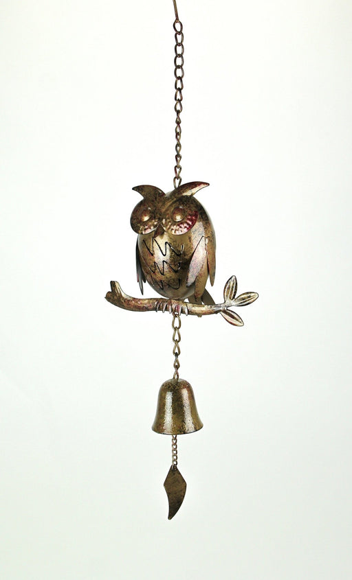 Enchanting Tin Owl Wind Chime with Mottled Finish: Decorative Metal Sculpture and Melodic Garden Accent, 15 Inches High -