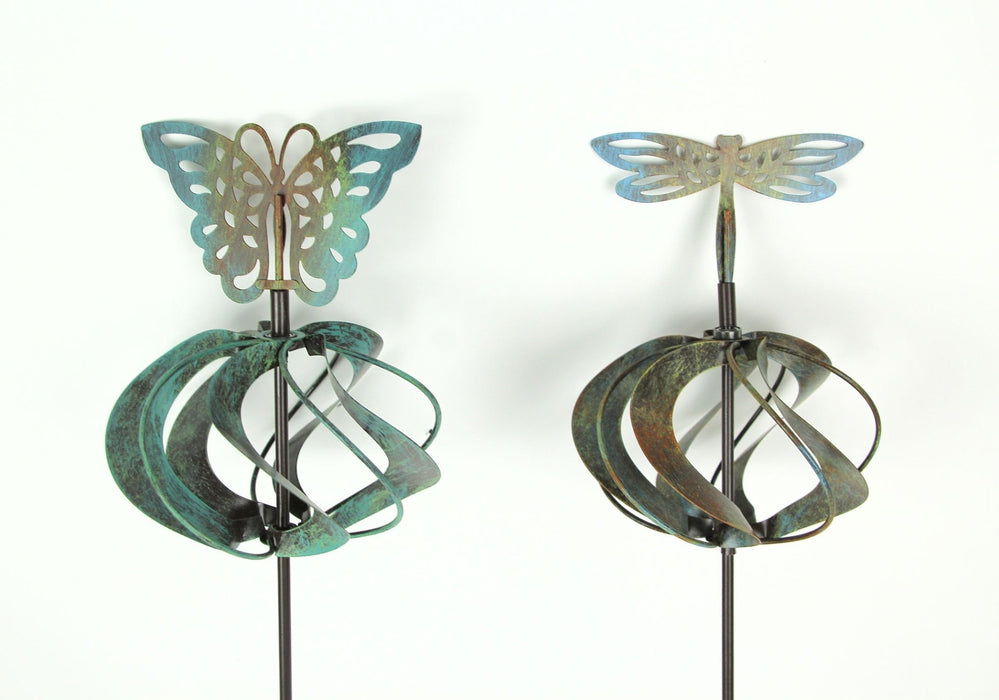 et of 2 Bronze Finish Dragonfly and Butterfly Metal Garden Stake Wind Spinners - Kinetic Windmill Style Yard Sculptures,