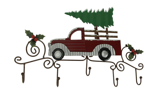 Exquisite Metal Art Scroll Rustic Red Truck with Tree and Holly Wall Hook Rack: Transformative Holiday Decor Measuring 23.5