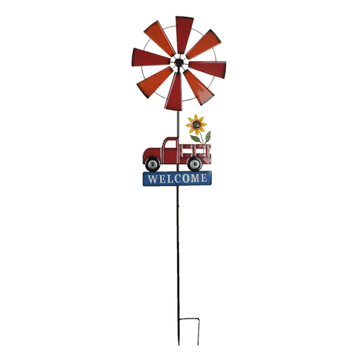 Farmhouse Style Red Farm Truck Windmill Spinner Welcome Garden Stake 72 Inches Outdoor Décor Image 1