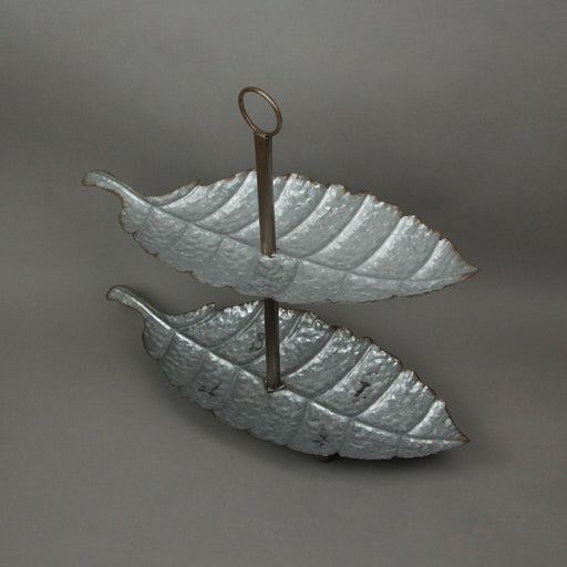 Galvanized Grey Zinc Finish Leaf-Shaped Two-Tier Serving and Display Tray - Charming Farmhouse Decor with For Kitchens and