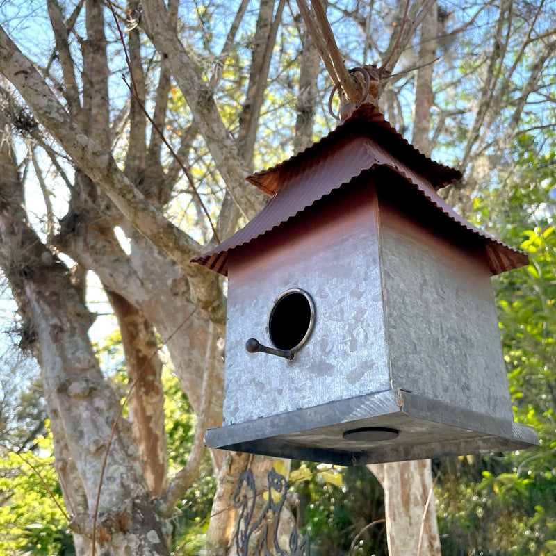 Galvanized Grey Metal Japanese Pagoda Style Hanging Birdhouse, 11.5 Inches High - A Perfect Blend of Elegance and