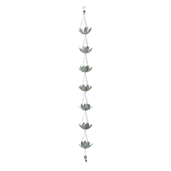 Flower - Image 1 - Galvanized Grey Metal Lotus Flower Rain Chain Gutter Downspout Accent, 70 Inches Long - Installs Easily -