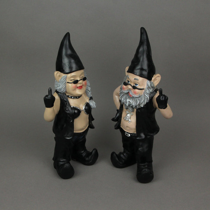 Gnoschitt and Gnofun: The Gnaughty Rebel Biker Gnome Couple - Unique 12.5-Inch High Rude Garden Gnome Statues - Fun Indoor
