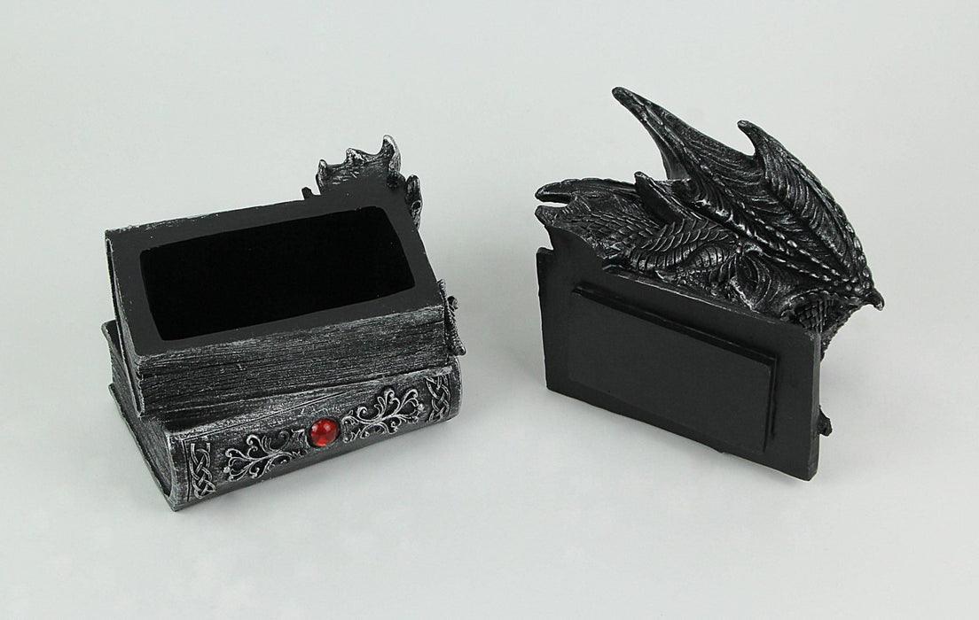 Guardian of Bibliophiles Stone Finish Dragon on Books Resin Trinket Box with Hidden Compartment - Gothic Medieval Dresser