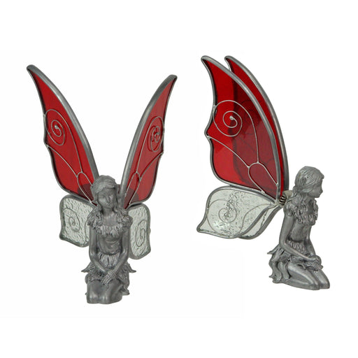 2 - Image 1 - Enchanting Set of 2 Kneeling Fairy Pewter Figurines for Mythical Home Decor and Desk Accents - Red and White