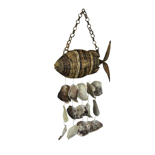 Large Woven Rattan Fish Shaped Capiz Shell Wind Chime 31 Inches High Image 2
