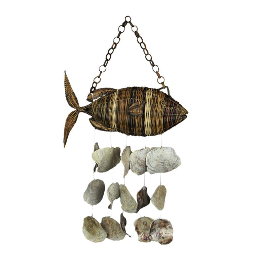 Large Woven Rattan Fish Shaped Capiz Shell Wind Chime 31 Inches High Image 1