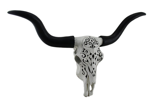 Longhorn and Lace Exquisite Black & White Filigree Hand-Painted Design Steer Skull Wall Decor - 27.25 Inches Long - Western