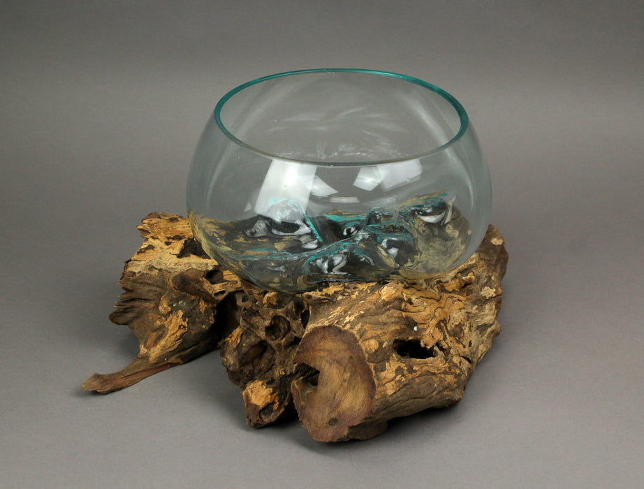 Melted Glass and Teak Driftwood Centerpiece Display - Boho Decor, Versatile Accent Piece - Unique 18.5-Inch Decorative Glass