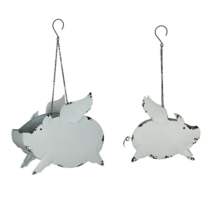 White - Image 1 - Set of 2 Distressed White Metal Flying Pig Hanging Planters - Whimsical Farmhouse-Style Outdoor Decor for