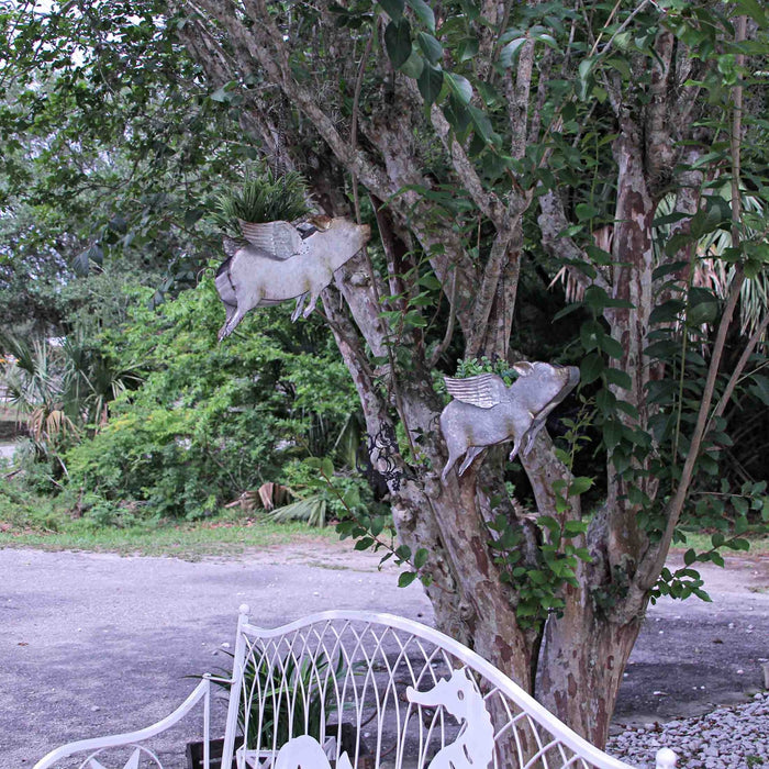 Gray - Image 5 - Galvanized Grey Distressed Metal Flying Pig Hanging Planter With Hanger Chain: 14-Inch Length, Whimsical