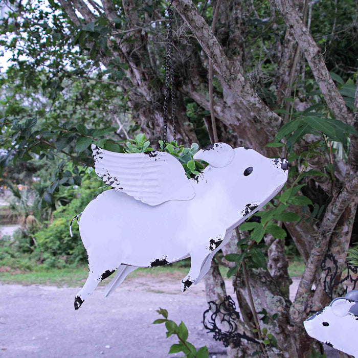 White - Image 5 - Antique White Finish Metal Flying Pig Hanging Planter - 14 Inches Long - Perfect for Your Outdoor Home