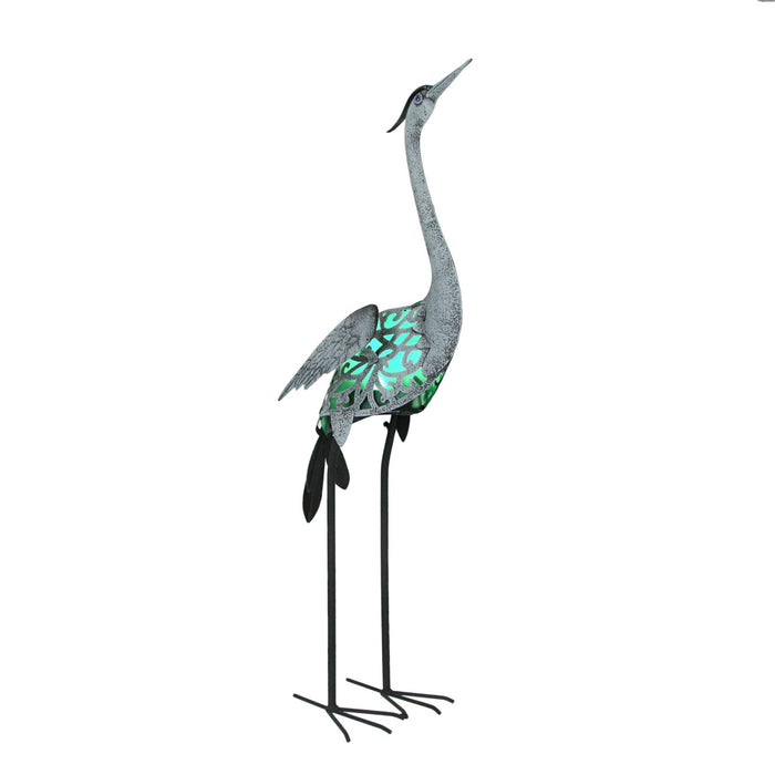 Green - Image 1 - Distressed Grey Finish Metal Heron Sculpture with Green LED Solar Light for Enchanting Garden Accent and
