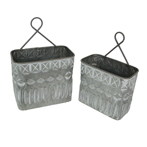 Pair of 2 Antiqued Washed Gray Metal Embossed Southwestern Geometric Design Wall Planters - Simple Installation - Perfect for