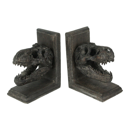 Pair of 6.5-Inch High Brown Resin Tyrannosaurus Rex Skull Faux Fossil Bookends - Real-Looking Dinosaur-Themed Table or Shelf