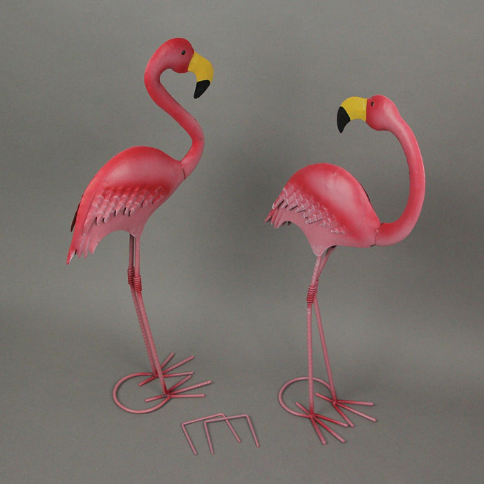 Pair of Exquisite Handcrafted Metal Pink Flamingo Statues, 18 and 20 Inches Tall, with Ground Anchors - Coastal and Tropical