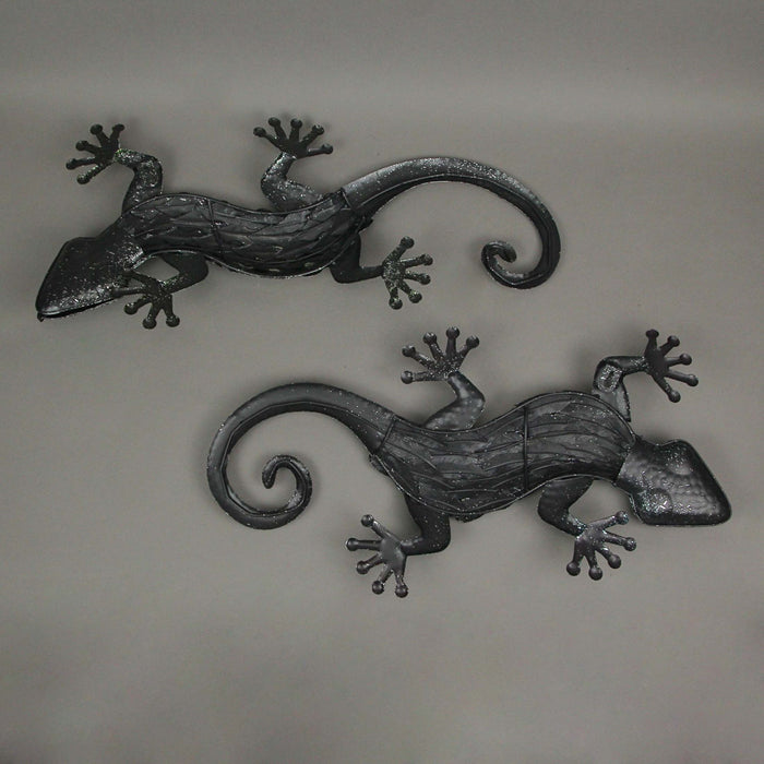 Pair of Vibrant 19.25-Inch Long Multicolor Stamped Metal Gecko Lizard Wall Décor Sculptures - For Indoor/Outdoor Artistry and