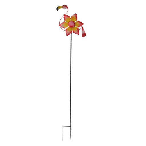 Pink Flamingo and Flower Metal Wind Spinner Garden Stake Yard Decor Pinwheel, Standing at a Whimsical 58 Inches High for a