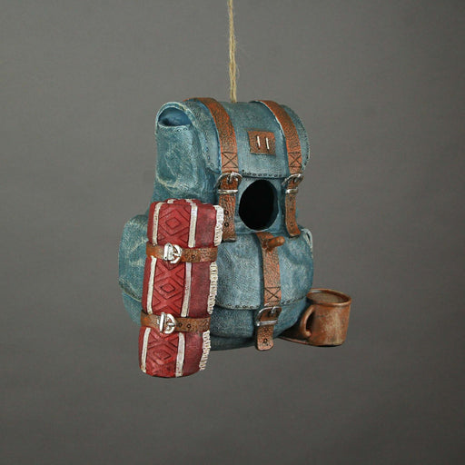 Playful Blue Hiking Backpack Resin Birdhouse -  Natural Fiber Rope Hanger - A Charming Outdoor Retreat for Your Backyard