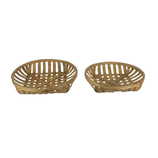 Round Natural Woven Wood Tobacco Basket Tray Decorative Serving Display Set of 2 Image 1