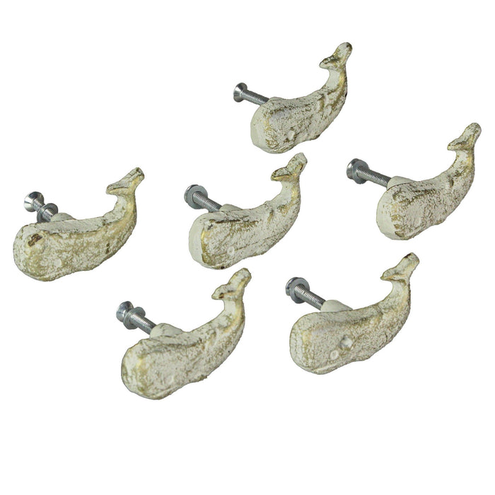 White - Image 1 - Rustic White Cast Iron Whale Drawer Pulls - Set of 6 Nautical Cabinet Knobs - Durable, Easy Install,