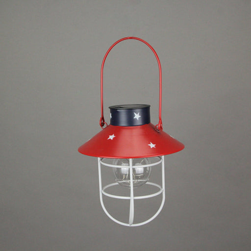 Rustic Metal Red, White, and Blue Patriotic LED Hanging Solar Lantern With Cutout Stars for Beautiful Indoor and Outdoor