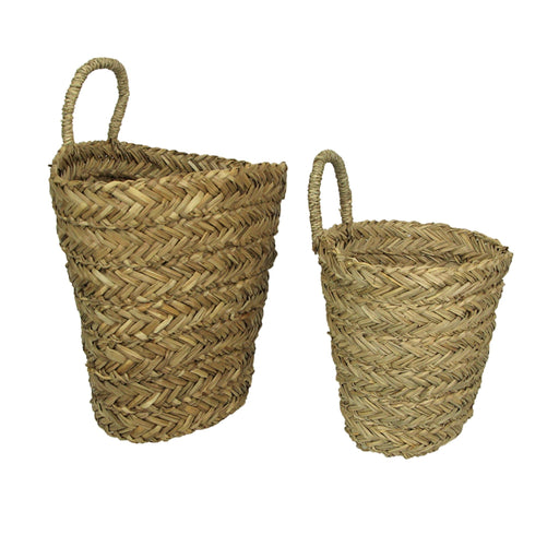 Set of 2 Boho Style Decorative Woven Seagrass Baskets: Rustic Planters with Handles for Indoor Greenery, Adding Bohemian