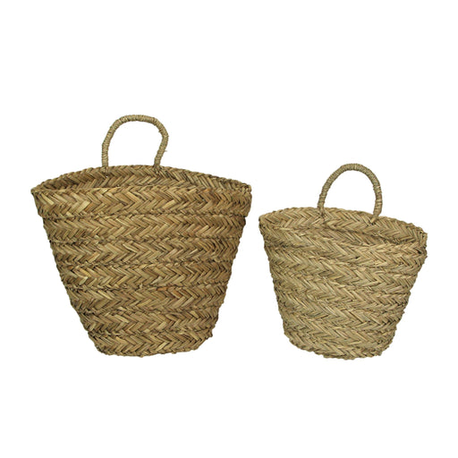 Set of 2 Boho Style Decorative Woven Seagrass Baskets: Rustic Planters with Handles for Indoor Greenery, Adding Bohemian