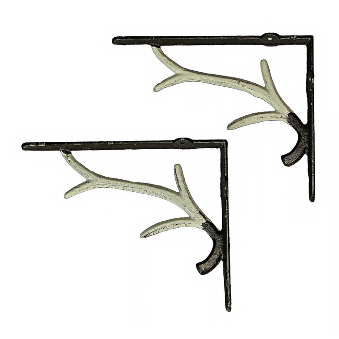 Off-white - Image 1 - Set of 2 Rustic Brown and White Cast Iron Deer Antler Decorative Shelf Brackets: Charming Wall Decor