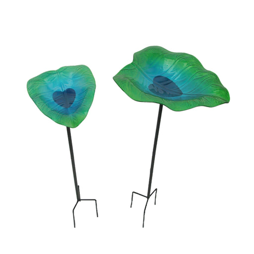 Set of 2 Green and Blue Glass Tropical Leaf Bird Bath Garden Stakes for Outdoor Home Yard Decor, Standing at 25 Inches High -