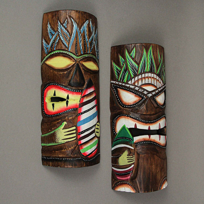 Set of 2 Hand-Carved Polynesian-Style Wooden Surfer Tiki Masks Wall Hanging Tropical Beach Home Decor 12 Inches High - Great