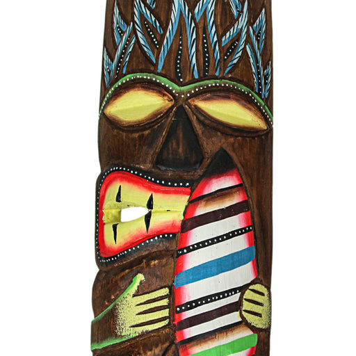 Set of 2 Hand-Carved Polynesian-Style Wooden Surfer Tiki Masks Wall Hanging Tropical Beach Home Decor 12 Inches High - Great