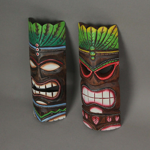 Set of 2 Hand-Carved Wood Tiki Masks in Blue and Green Flame Design, Ideal for Tropical Wall Decor, 11.75 Inches High - Easy