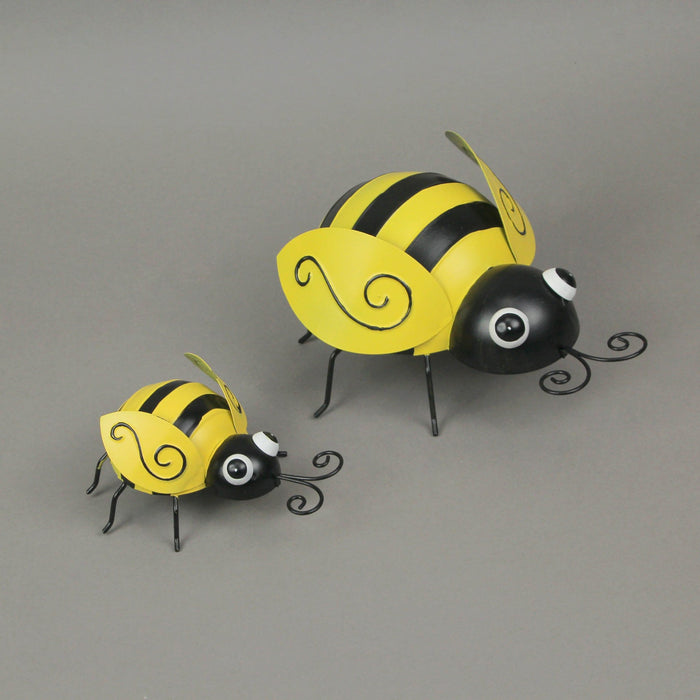 Set of 2 Hand-Painted Black and Yellow Metal Bumble Bee Sculptures - Nature-Themed Accent Decorations for Indoor and Outdoor