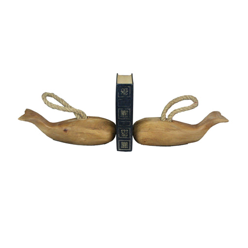 Set of 2 Handmade Teak Wood Carved Whale Bookends/Doorstops With Rope Handles Image 2