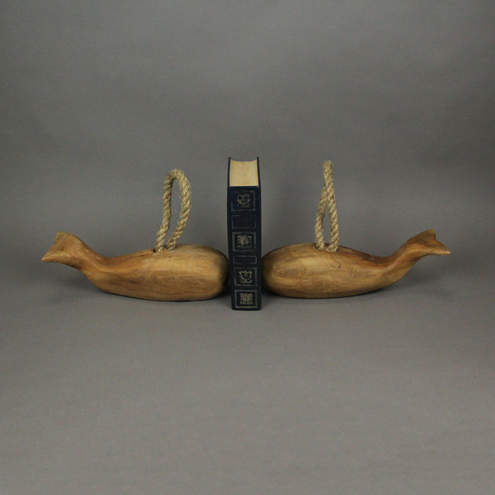 Set of 2 Handmade Teak Wood Carved Whale Bookends/Doorstops With Rope Handles Image 5