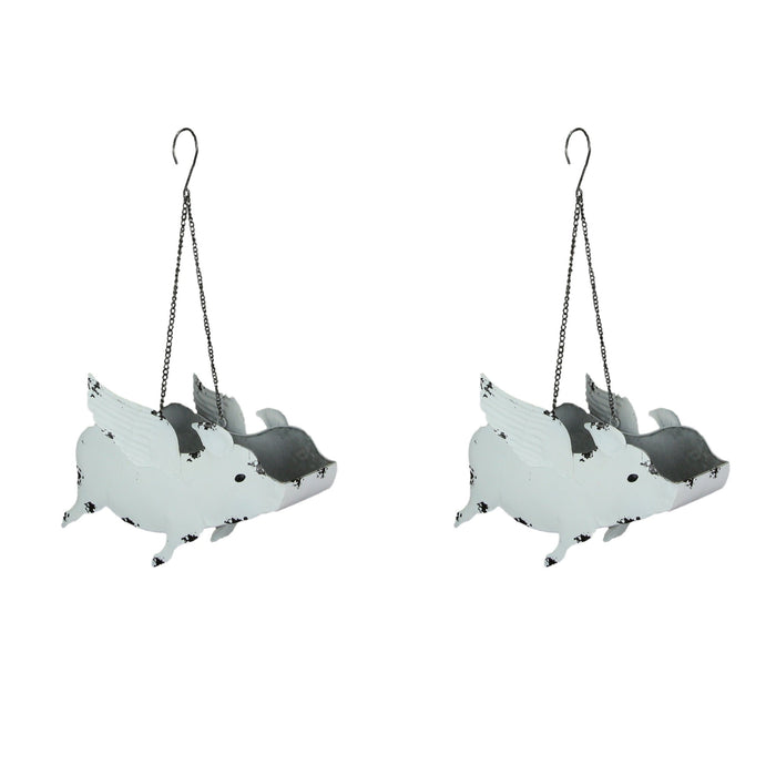 White - Image 1 - Set of 2 Antique White Finish Metal Flying Pig Hanging Planters - Perfect for Succulents and Flowers -