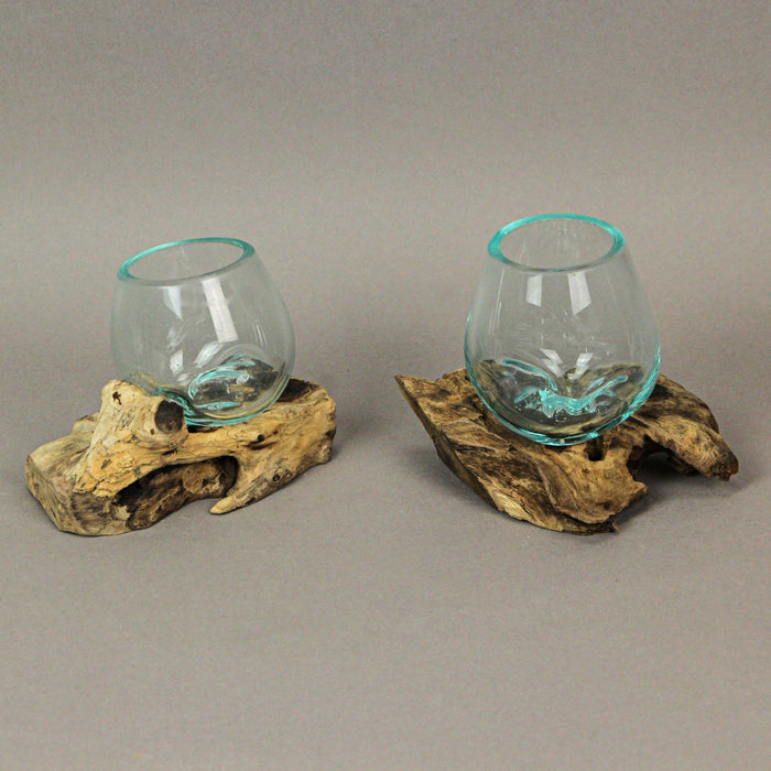 Set of 2 Mini Blown Glass on Driftwood Decorative Vases - Artistic Fusion of Molten Glass and Natural Wood - Boho Decor,