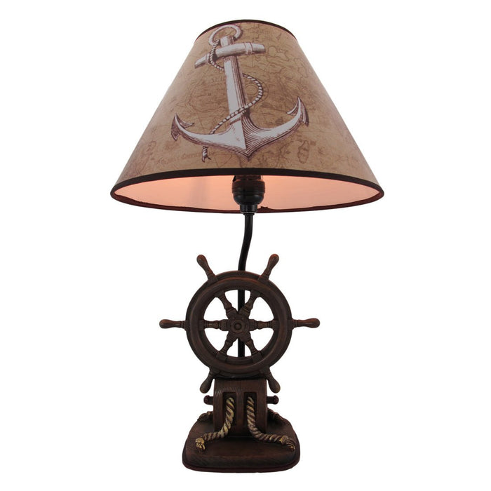Captain's Destiny: Set of 2 Nautical Ship Wheel Resin Table Lamps with Anchor Shades - Coastal Bedroom Decor - 19 Inches High