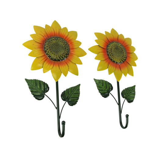 Set of 2 Painted Metal Sunflower Decorative Wall Hooks for Stylish Bohemian Flower-Themed Home Decor, 16 Inches High - Easy